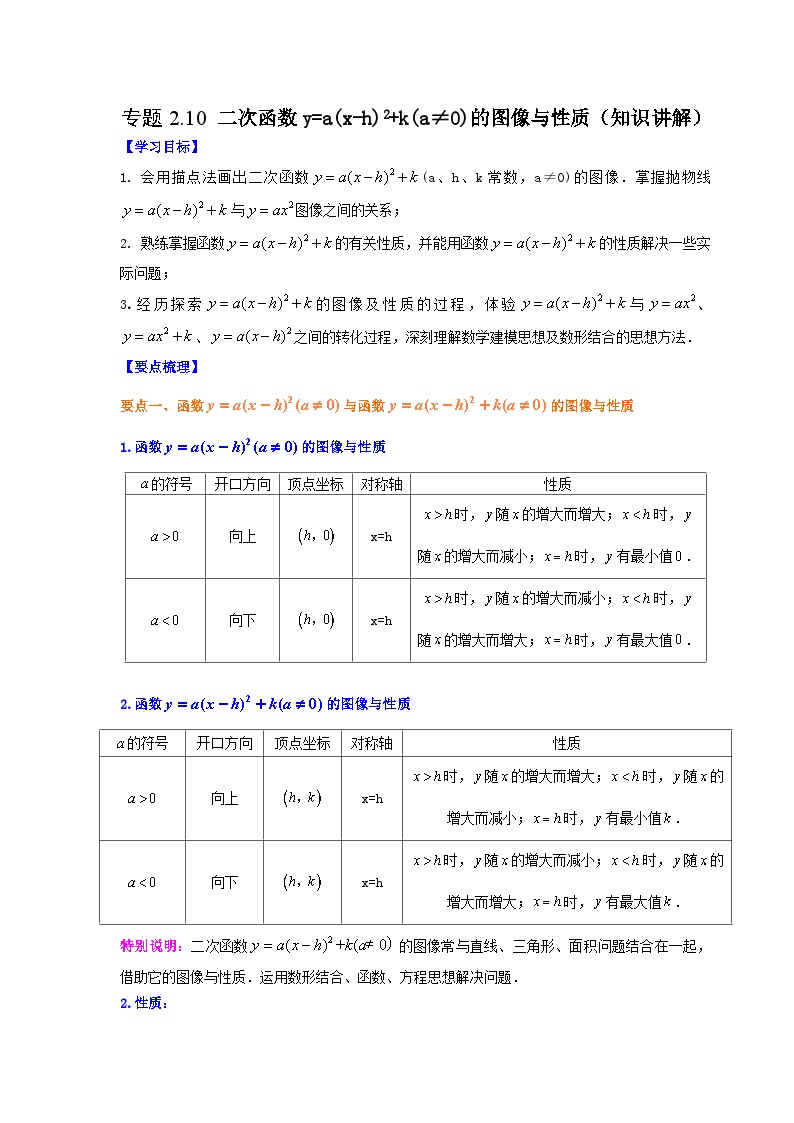 北师大版九年级数学下册 专题2.10 二次函数y=a(x-h)²+k(a≠0)的图像与性质（附答案）