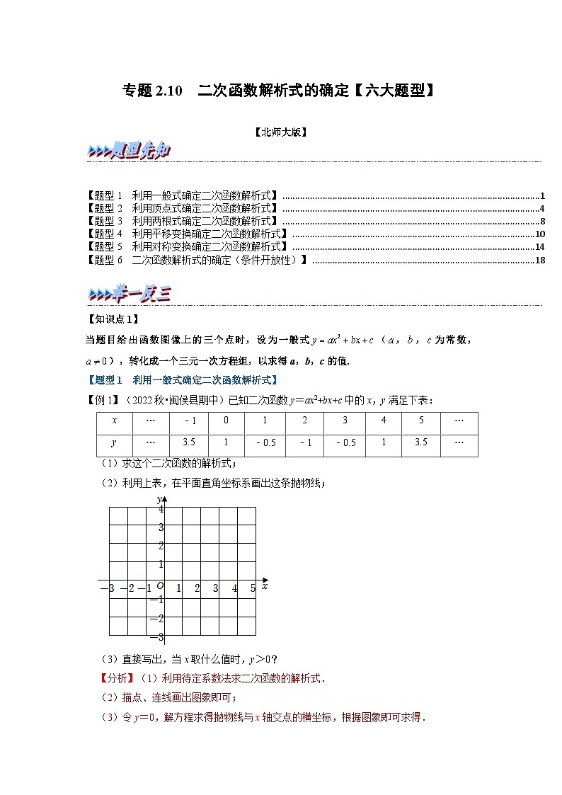 北师大版九年级数学下册 专题2.10 二次函数解析式的确定【六大题型】(原卷版)+解析版01