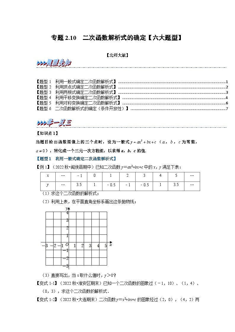 北师大版九年级数学下册 专题2.10 二次函数解析式的确定【六大题型】(原卷版)+解析版01