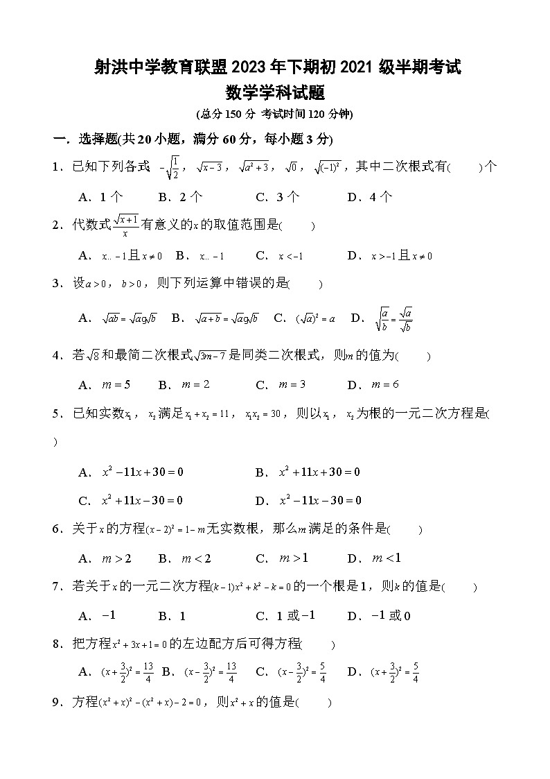 四川省遂寧市射洪中學(xué)校2023—2024學(xué)年九年級(jí)上學(xué)期11月期中數(shù)學(xué)試題第1頁(yè)