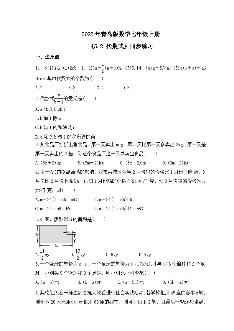 2023年青岛版数学七年级上册《5.2 代数式》同步练习(含答案)第1页