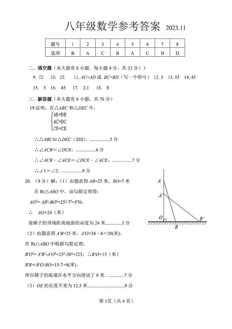 八年级数学参考答案2023.11第1页