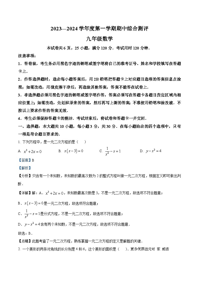 广东省河源市紫金县2023-2024学年九年级上学期期中数学试题(解析版)第1页