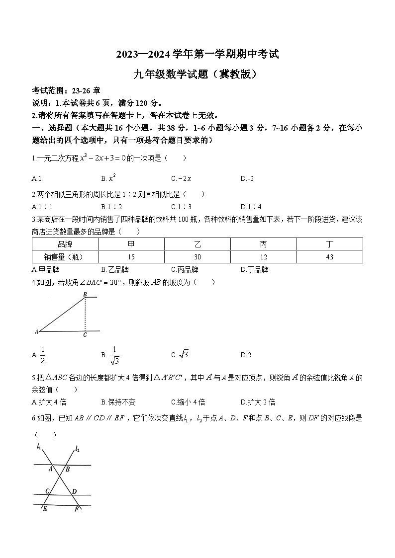 河北省邢台市2023-2024学年九年级上学期期中数学试题01