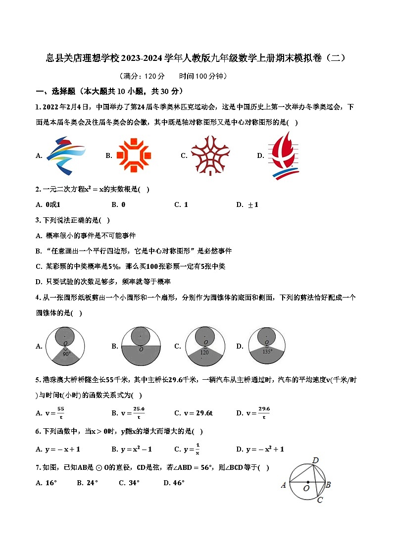 河南省信阳市息县关店理想学校2023-2024学年人教版九年级数学上册期末模拟卷(二)第1页