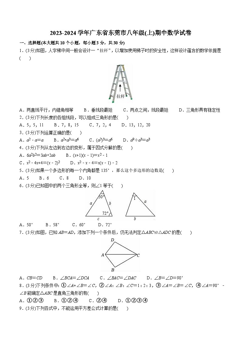 广东省东莞市2023-2024学年八年级上学期期中数学试题第1页