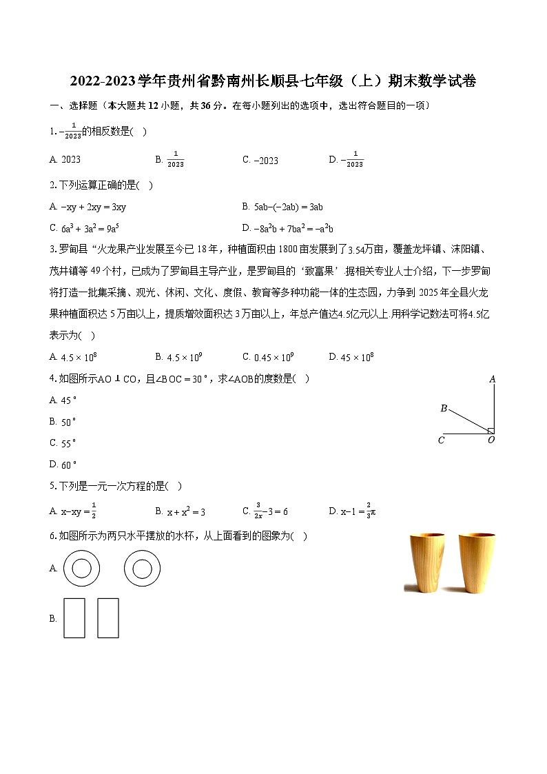 2022-2023学年贵州省黔南州长顺县七年级(上)期末数学试卷(含答案解析)第1页