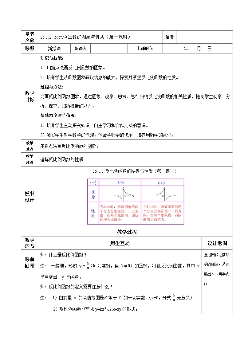 26.1.2 反比例函数的图象与性质（第1课时）初中数学人教版九年级下册教学设计01