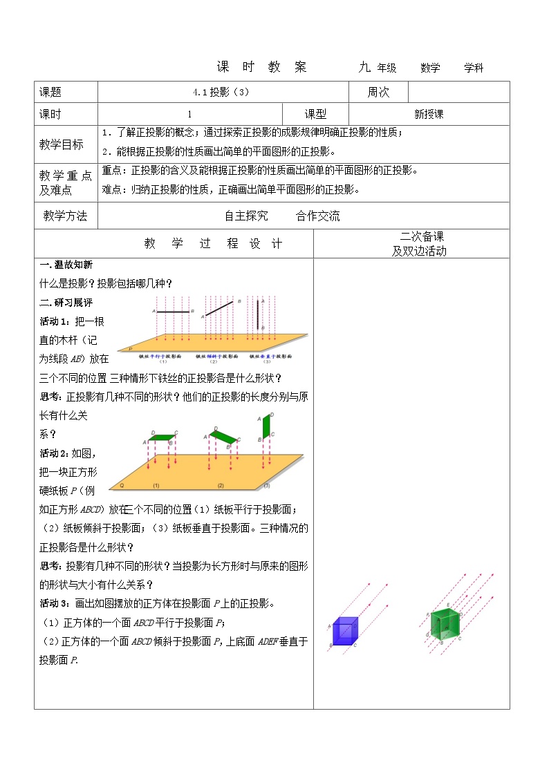 初中鲁教版 (五四制)1 投影教学设计