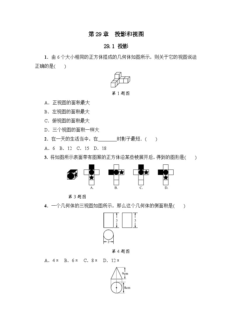 人教版数学九年级下册 29.1 投影 课时练101
