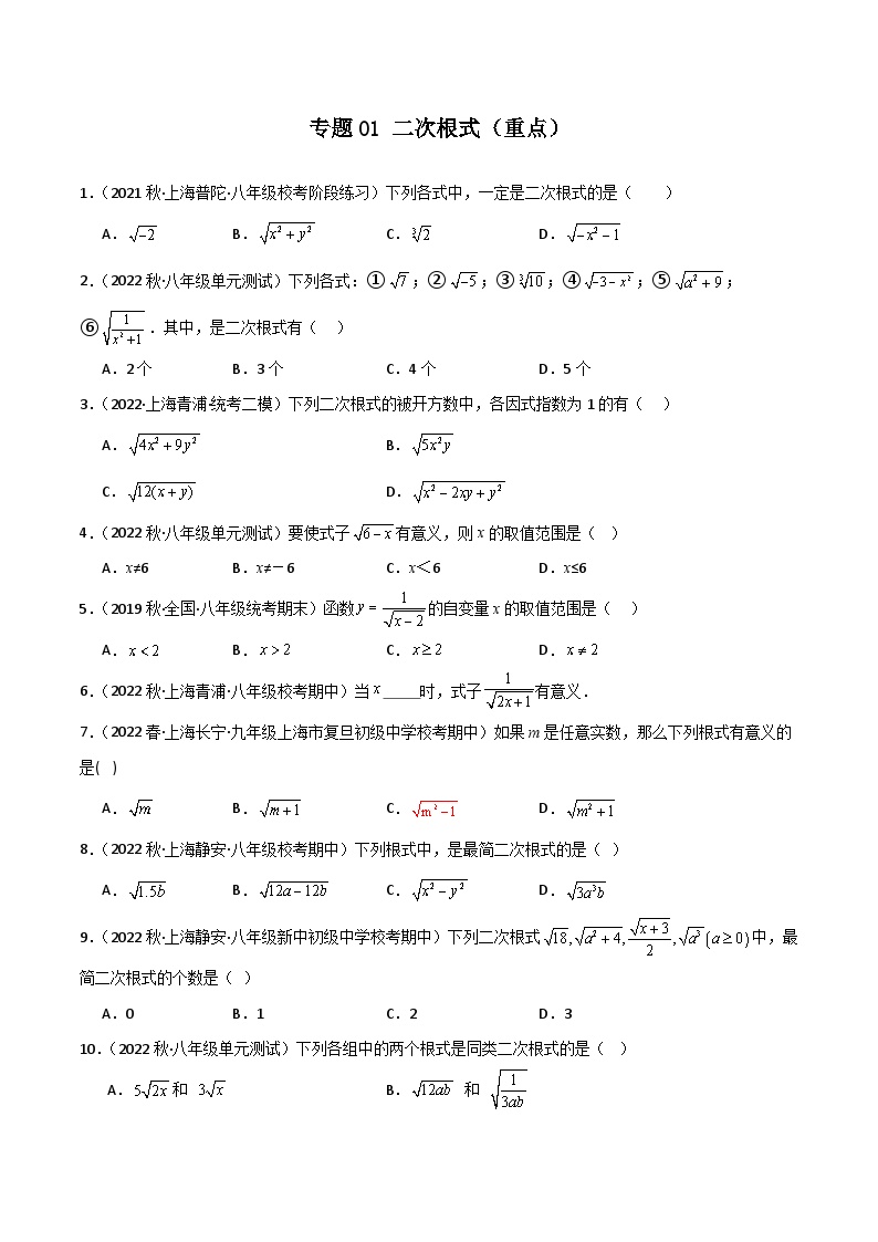 专题01 二次根式（重点）-2023-2024学年八年级数学上学期期末高效复习（沪教版，上海专用）