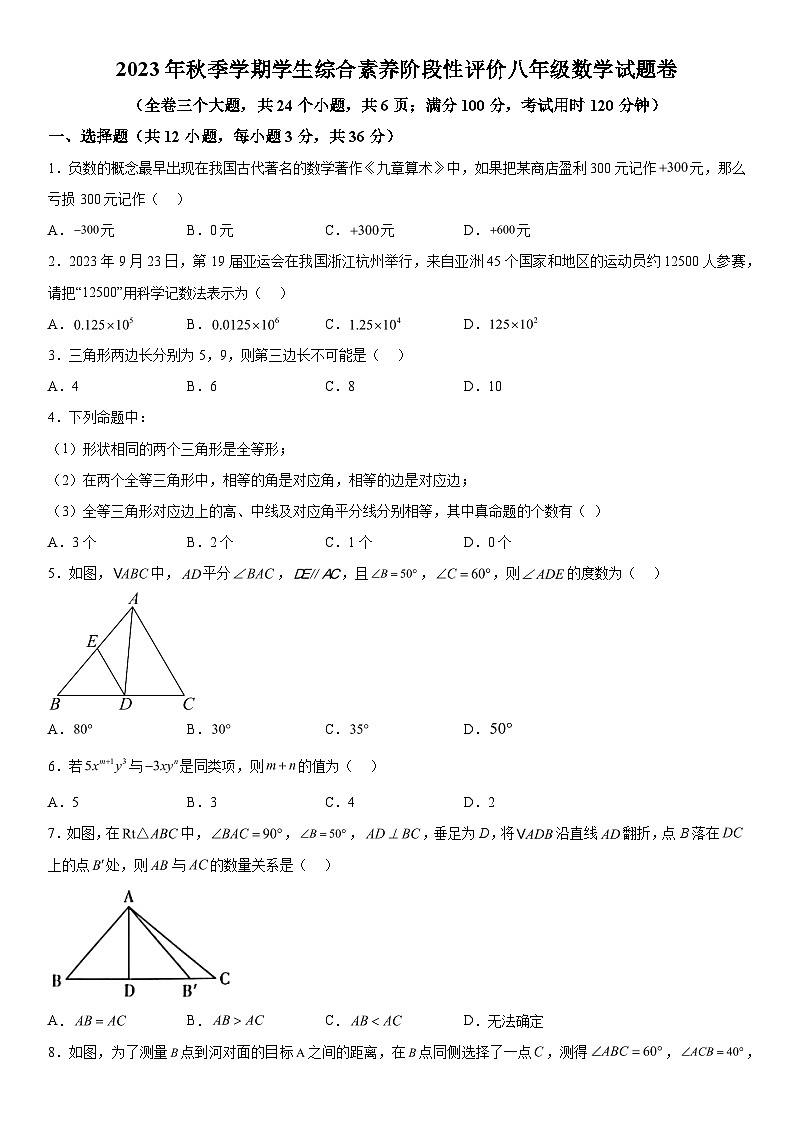 云南省昭通市昭阳区2023-2024学年八年级上册期中数学试题(含解析)第1页