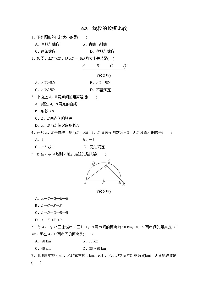 6.3 线段的长短比较 浙教版数学七年级上册作业(解析版)01