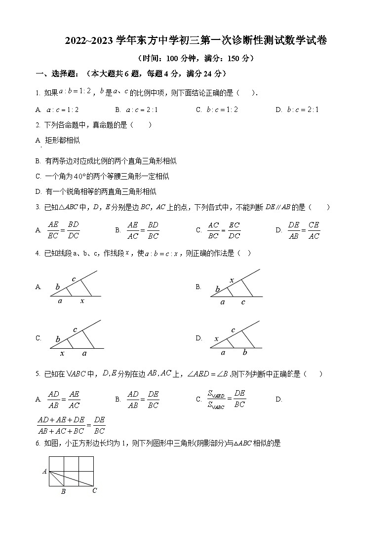 2022~2023学年上海市青浦东方中学九年级上学期期中数学试题01