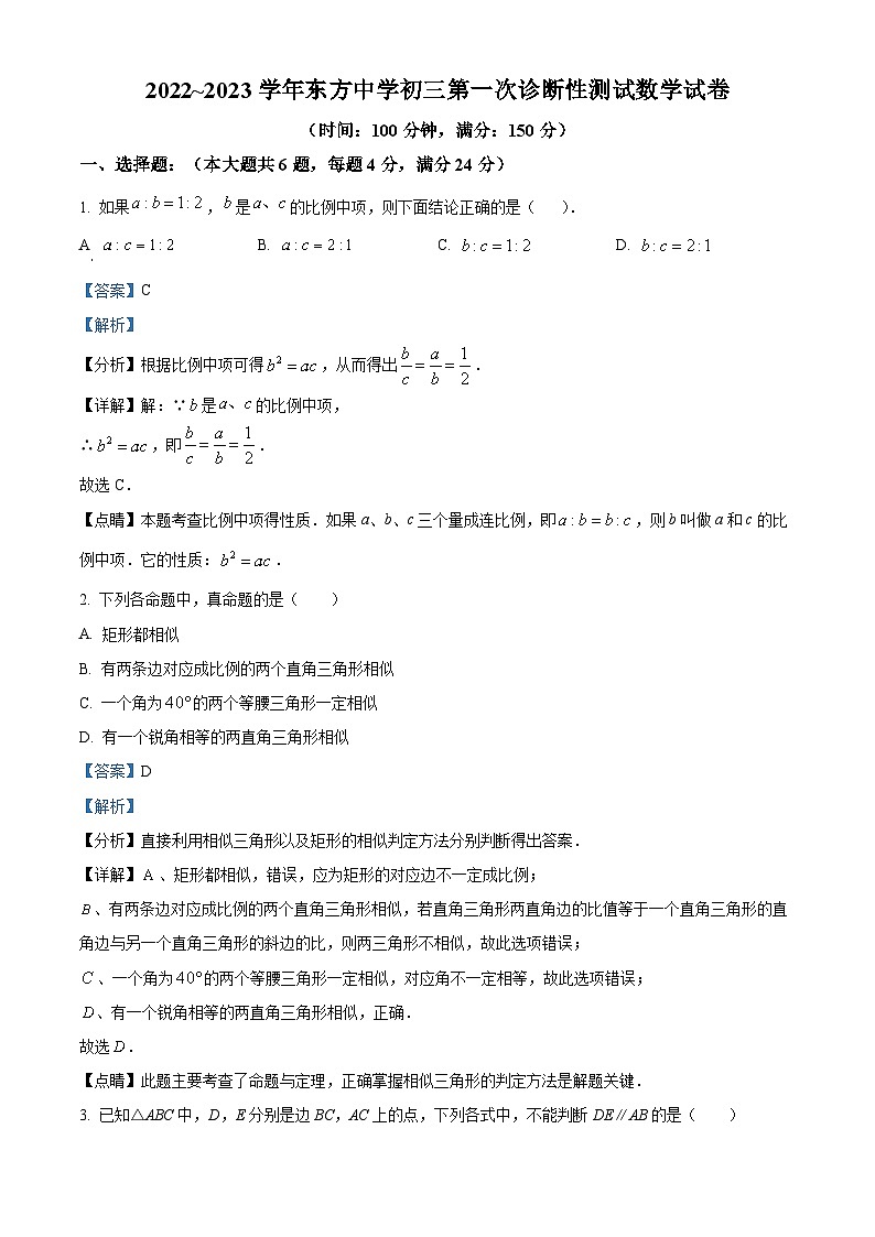 2022~2023学年上海市青浦东方中学九年级上学期期中数学试题01