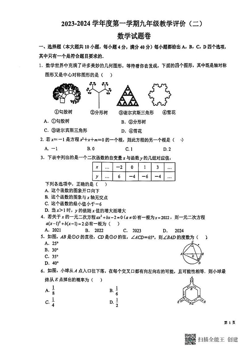安徽省芜湖市无为市2023-2024学年九年级上学期12月月考数学试题第1页