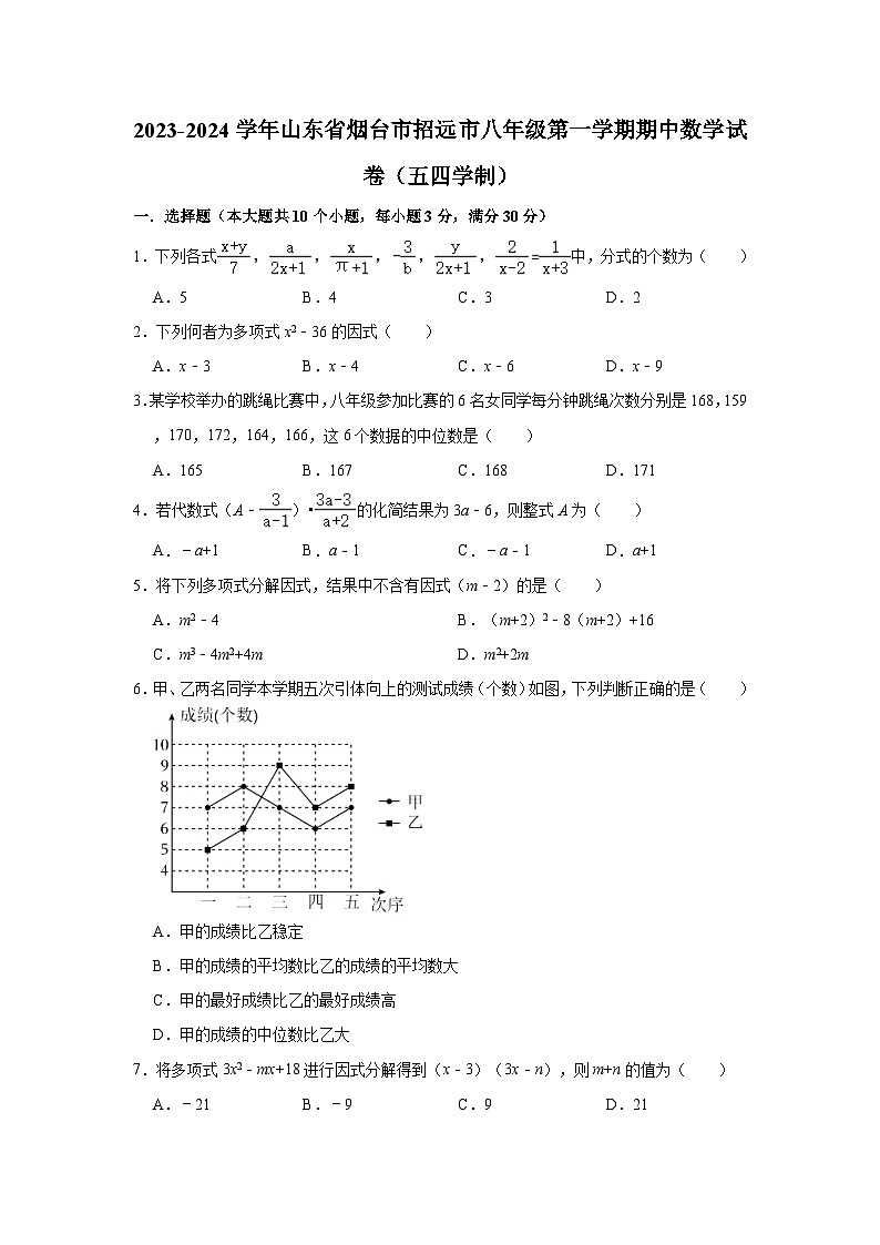 2023-2024学年山东省烟台市招远市八年级(上)期中数学试卷(五四学制)(含解析)01
