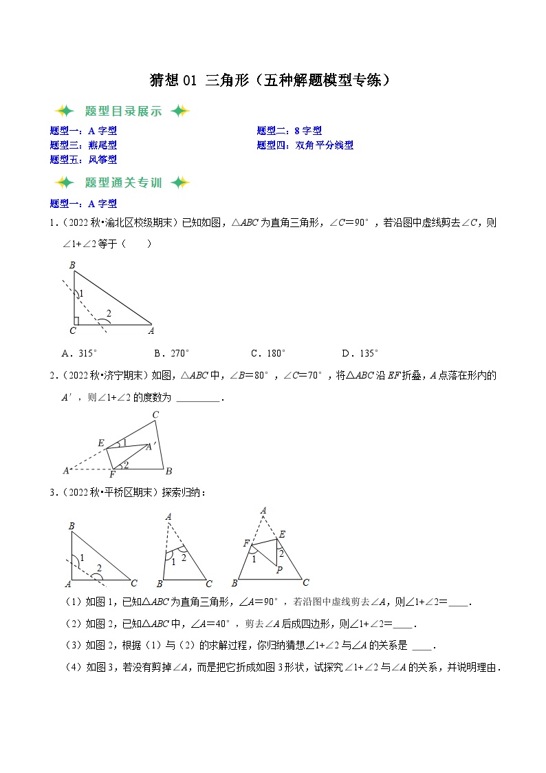 猜想01 三角形（五种常见几何模型专练）-2023-2024学年八年级数学上学期期末考点预测（人教版）