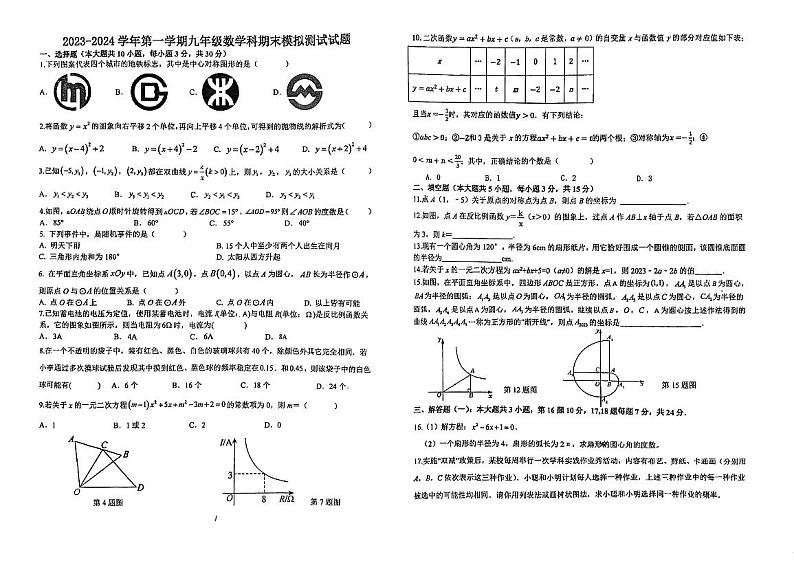 广东省江门市怡福中学2023-2024学年九年级上学期12月月考数学试题第1页