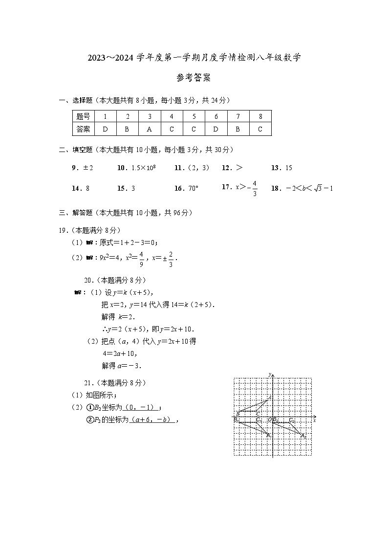 2023~2024学年度第一学期月度学情检测八年级数学参考答案第1页