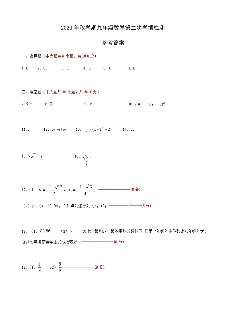 2023年秋学期九年级数学第二次学情检测答案第1页