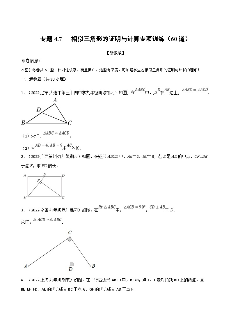 浙教版2023年九年级上册数学举一反三系列 专题4.7 相似三角形的证明与计算专项训练（60道）（学生版+教师版）01