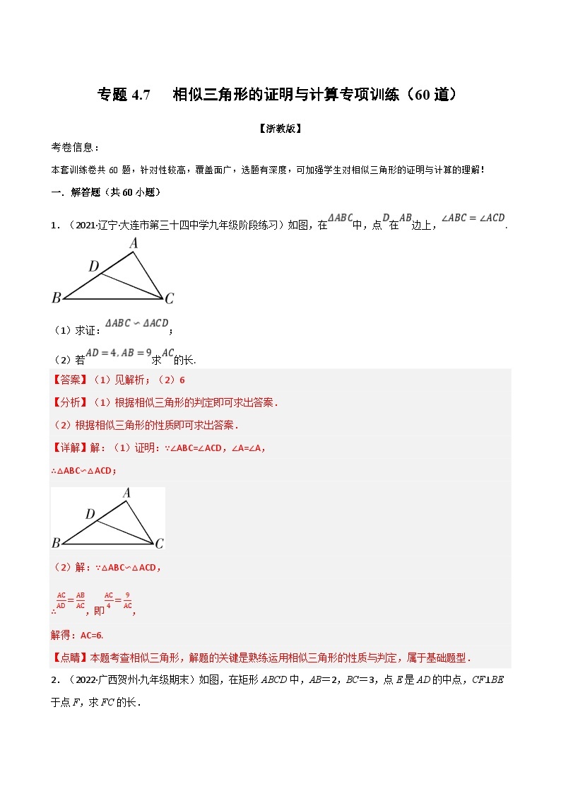 浙教版2023年九年级上册数学举一反三系列 专题4.7 相似三角形的证明与计算专项训练（60道）（学生版+教师版）01