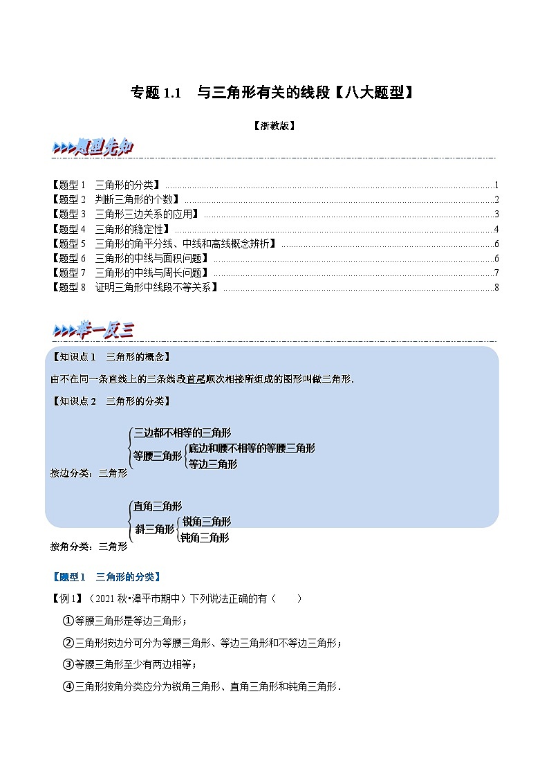 浙教版-2023年八年级上册数学举一反三系列 专题1.1 与三角形有关的线段【八大题型】(学生版)第1页