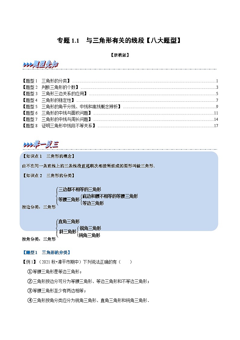 浙教版-2023年八年级上册数学举一反三系列 专题1.1 与三角形有关的线段【八大题型】(教师版)第1页