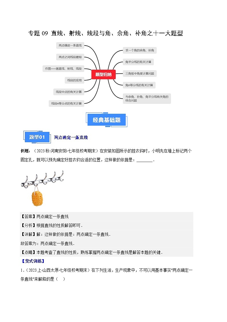 专题09 直线、射线、线段与角、余角、补角之十一大题型(解析版)第1页