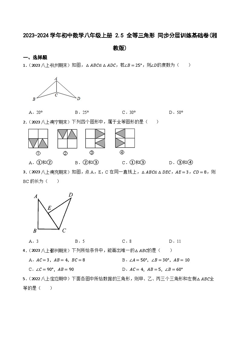【课时练】(湘教版) 2023-2024学年初中数学八年级上册 2.5 全等三角形 同步分层训练基础卷(学生版)第1页