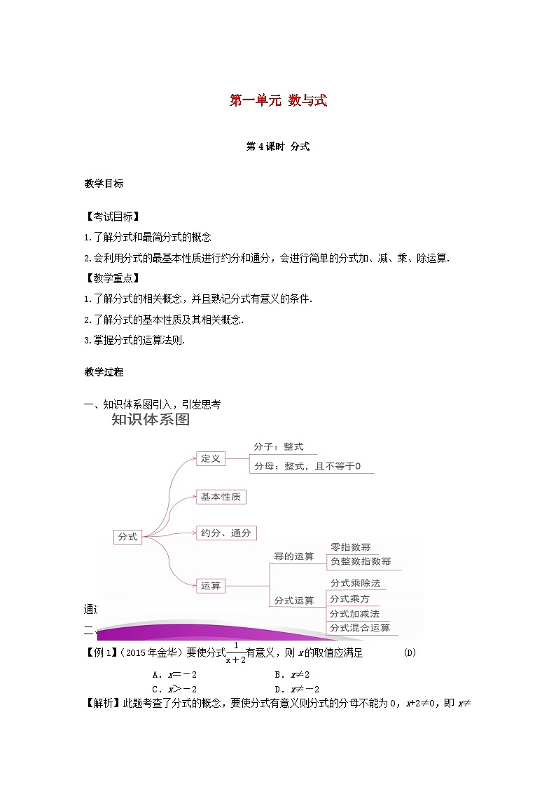 中考数学总复习资源 第1单元数与式第4课时分式教案第1页