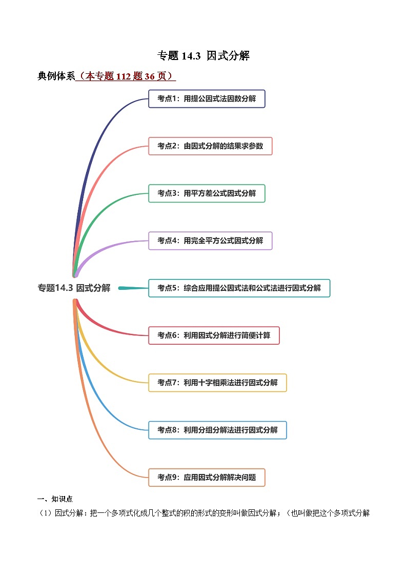 人教版八年级数学上册 专题14.3 因式分解讲练(原卷版+解析版)01