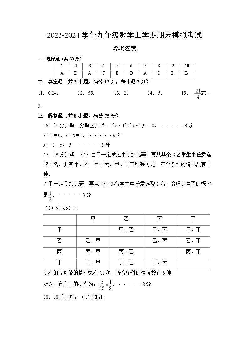 九年级数学期末模拟卷（广东专用，测试范围：人教版九上全部-九下第26章 反比例函数）-2023-2024学年初中上学期期末模拟考试01