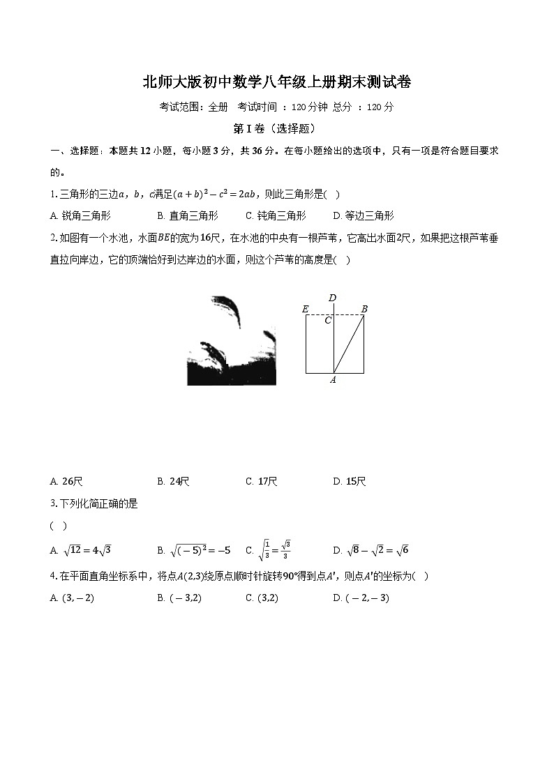 北师大版初中数学八年级上册期末测试卷(标准难度)(含详细答案解析)第1页