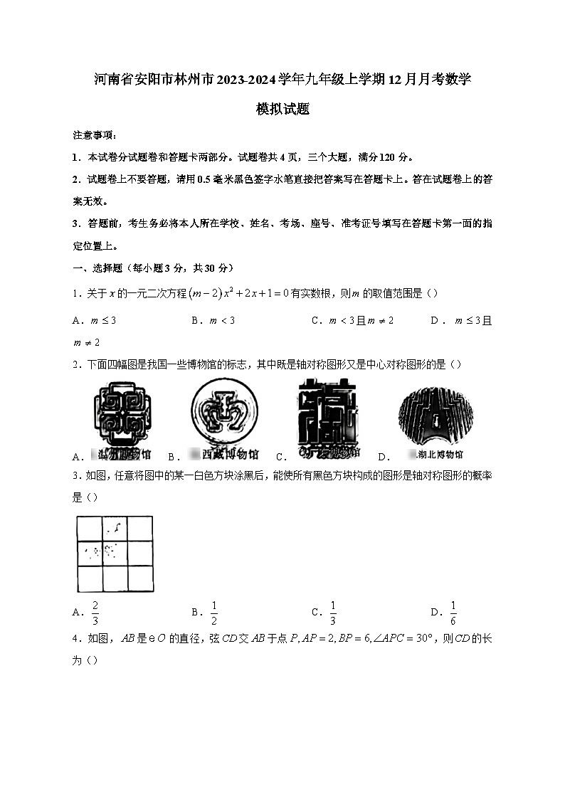 河南省安阳市林州市2023-2024学年九年级上学期12月月考数学模拟试题(含答案)01