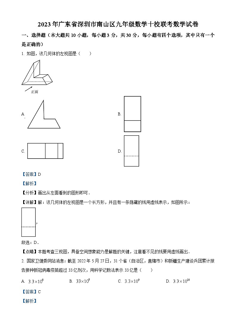 精品解析：2023年廣東省深圳市南山區(qū)九年級數(shù)學(xué)十校聯(lián)考數(shù)學(xué)試卷（解析版）第1頁