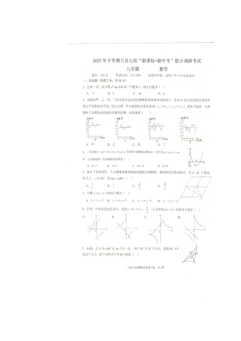 湖南省怀化市八县九校联合调研考试2023-2024学年九年级上学期1月期末数学试题第1页