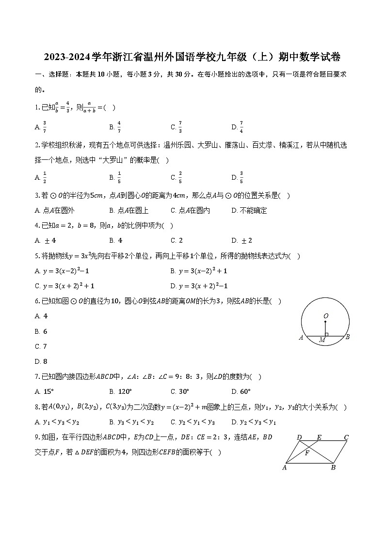 2023-2024學(xué)年浙江省溫州外國(guó)語(yǔ)學(xué)校九年級(jí)（上）期中數(shù)學(xué)試卷（含解析）第1頁(yè)