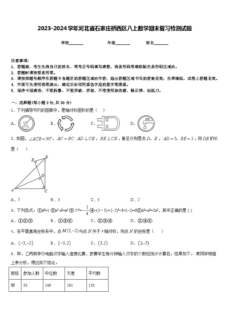 2023-2024学年河北省石家庄桥西区八上数学期末复习检测试题含答案第1页