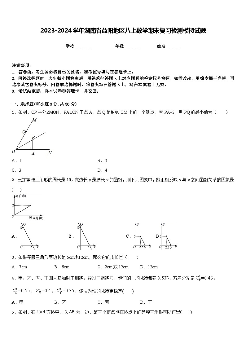 2023-2024学年湖南省益阳地区八上数学期末复习检测模拟试题含答案01