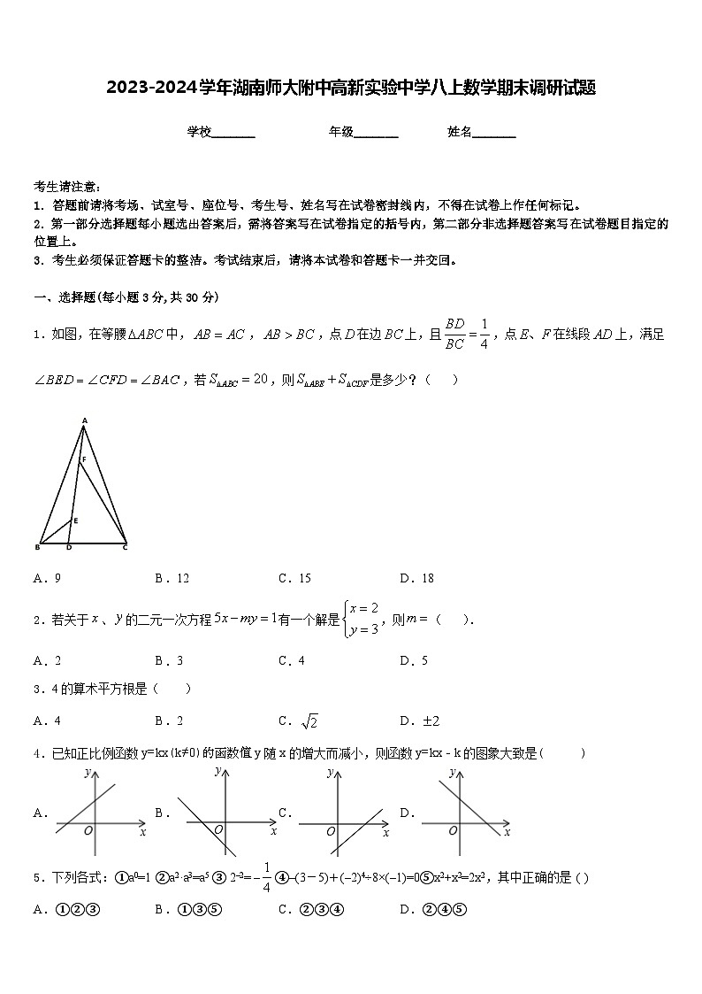 2023-2024學(xué)年湖南師大附中高新實(shí)驗(yàn)中學(xué)八上數(shù)學(xué)期末調(diào)研試題含答案第1頁