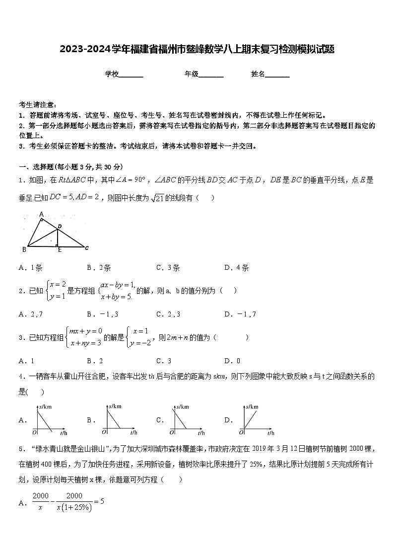 2023-2024学年福建省福州市鳌峰数学八上期末复习检测模拟试题含答案第1页