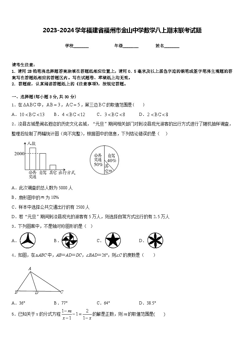 2023-2024学年福建省福州市金山中学数学八上期末联考试题含答案第1页