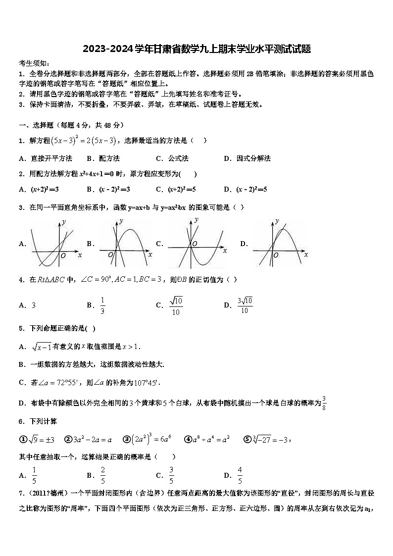 2023-2024学年甘肃省数学九上期末学业水平测试试题01