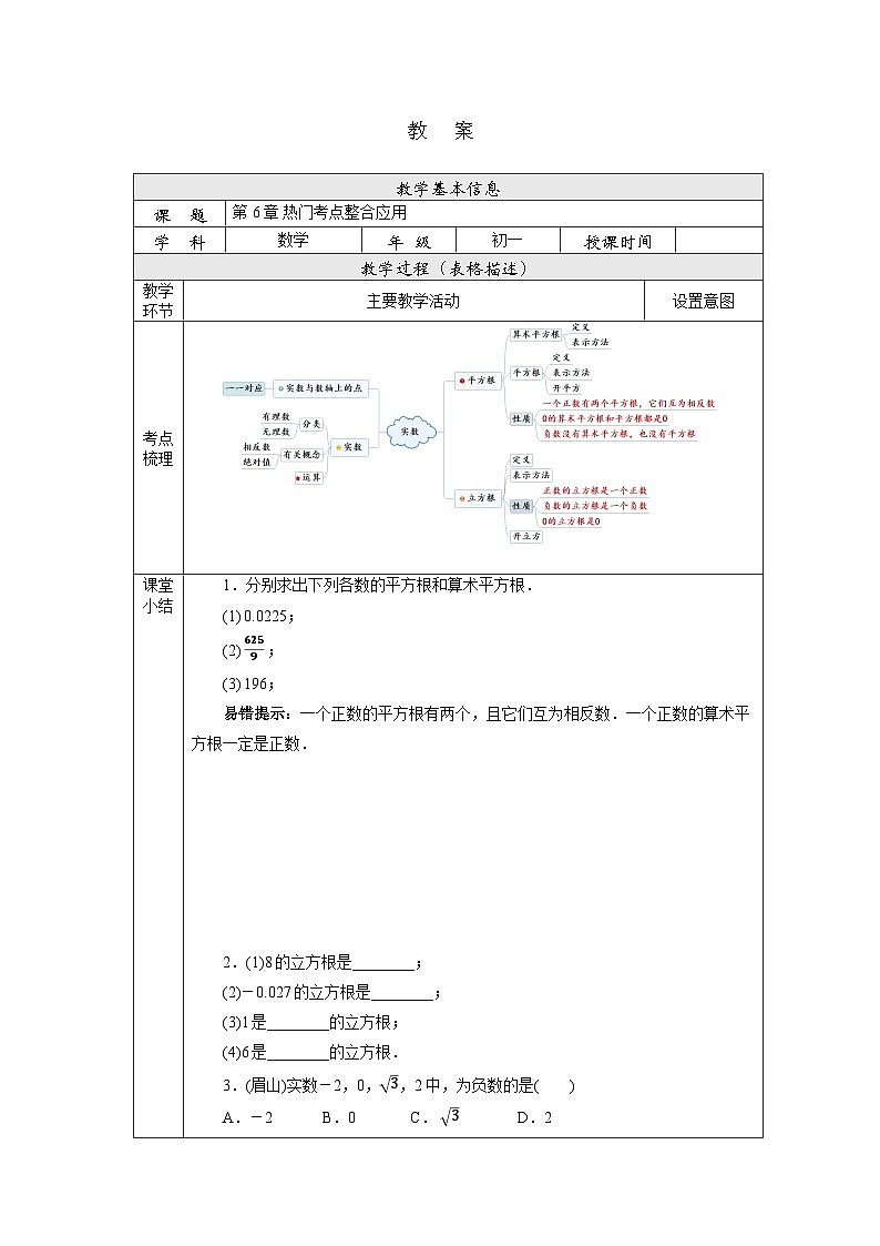 【核心素养】七年级下册6.4实数热门考点整合应用课件PPT+教案+随堂检测+课后练习01
