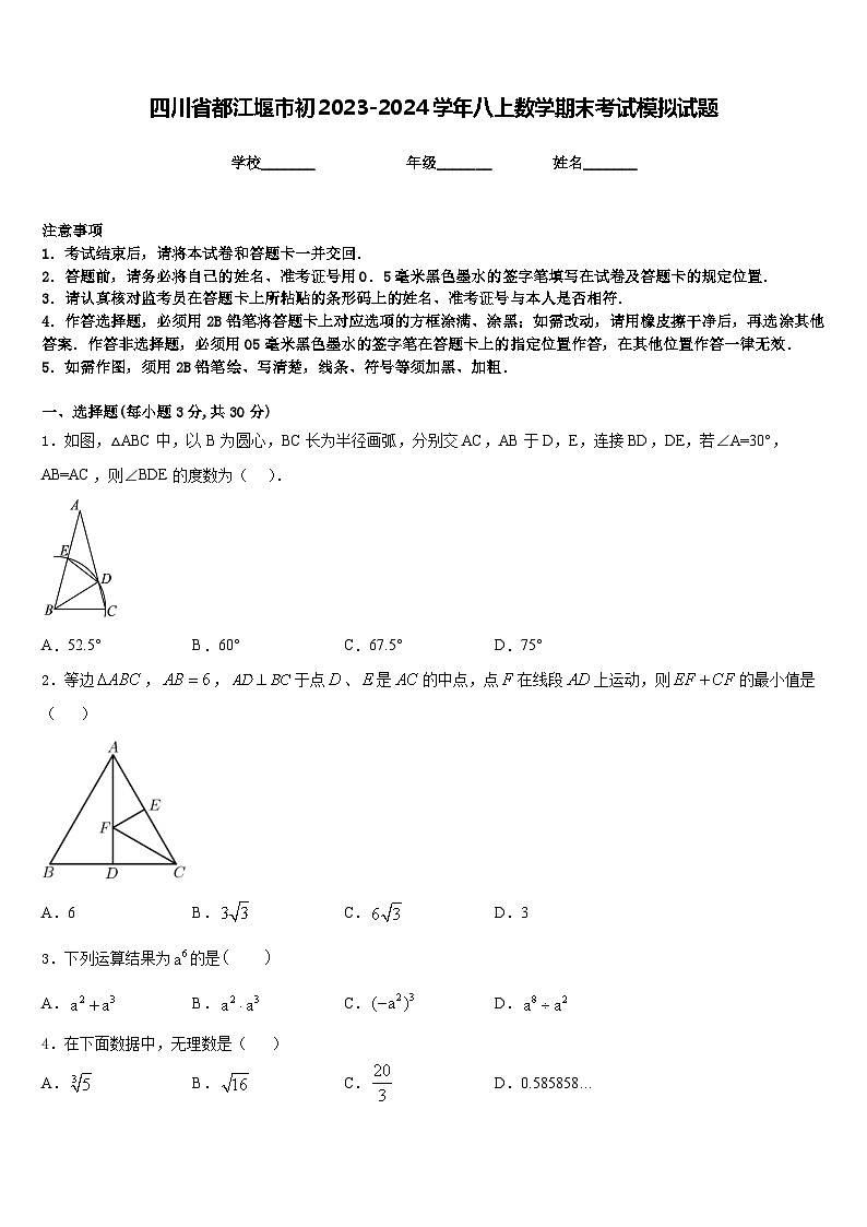 四川省都江堰市初2023-2024学年八上数学期末考试模拟试题含答案第1页