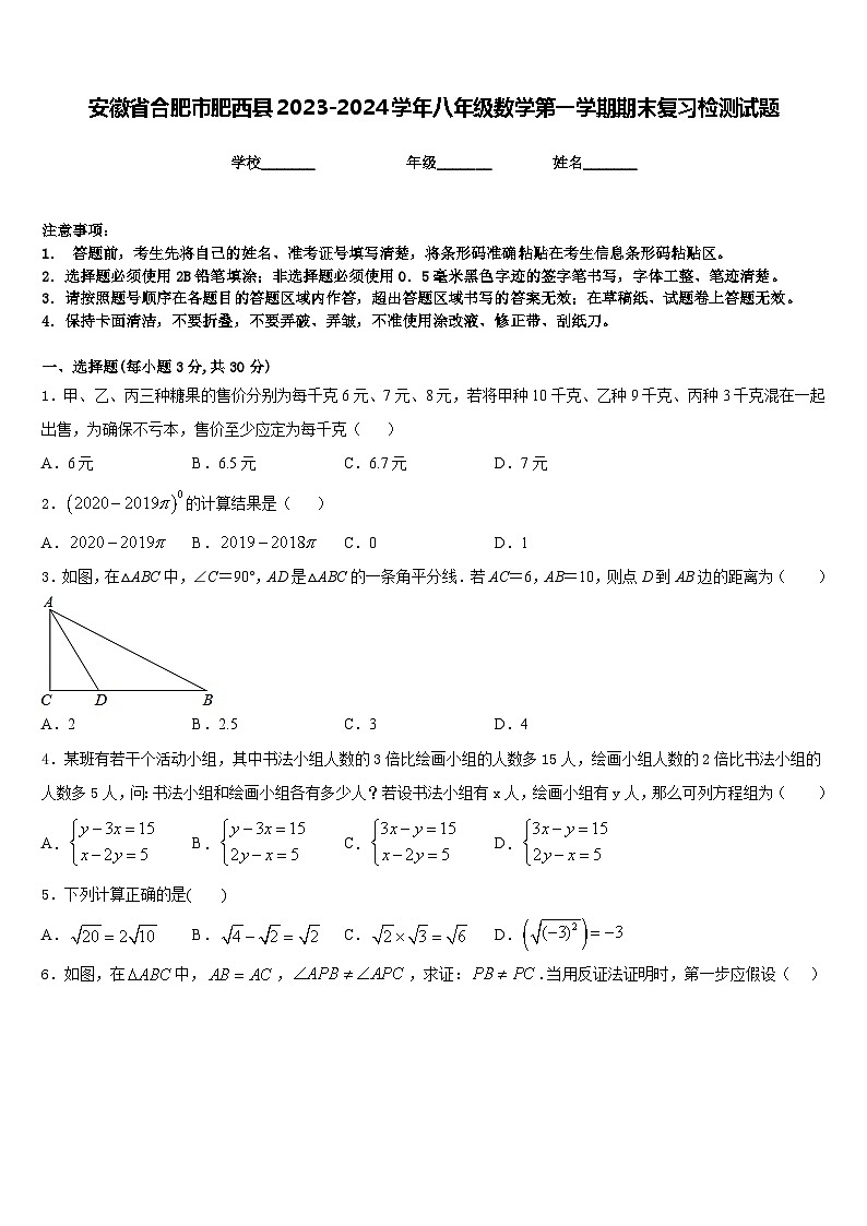 安徽省合肥市肥西县2023-2024学年八年级数学第一学期期末复习检测试题含答案第1页