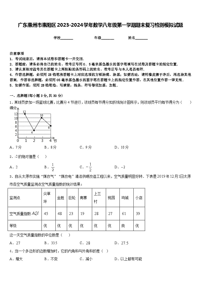 广东惠州市惠阳区2023-2024学年数学八年级第一学期期末复习检测模拟试题含答案01