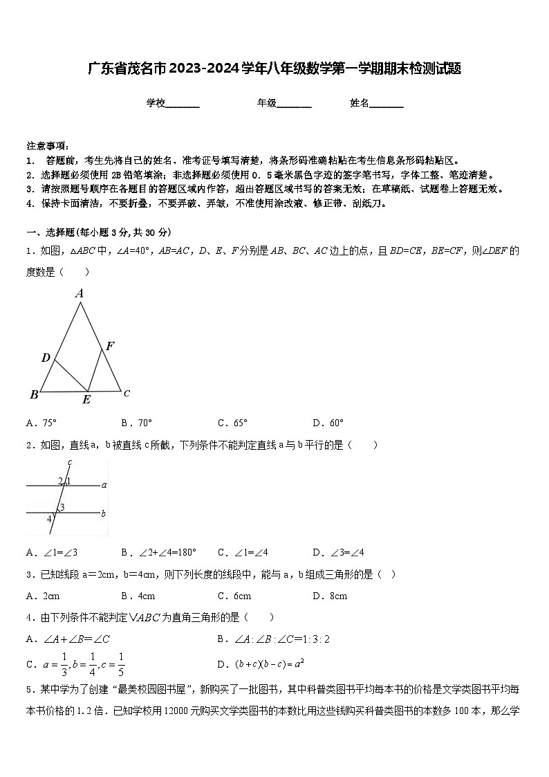 广东省茂名市2023-2024学年八年级数学第一学期期末检测试题含答案第1页